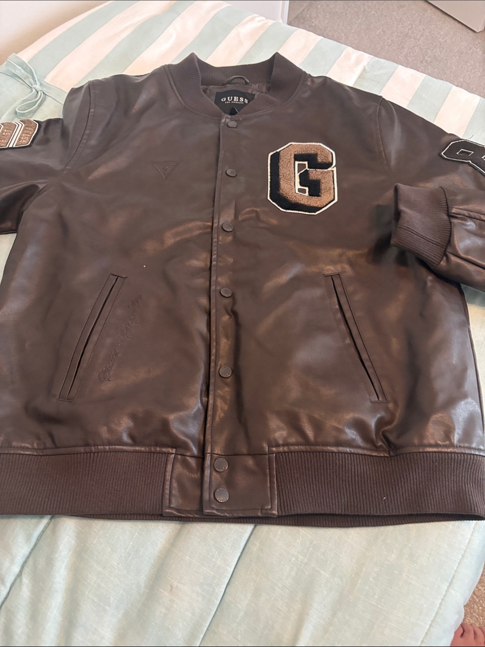 GUESS Men’s Dark Brown Letterman Bomber Jacket Patch small cut - 23”p2p